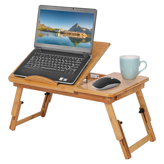 Ejoyous folding bamboo bed table, adjustable 5 tilt angles laptop table notebook table lapdesks with drawer and ventilation slots for school bedroom or office.