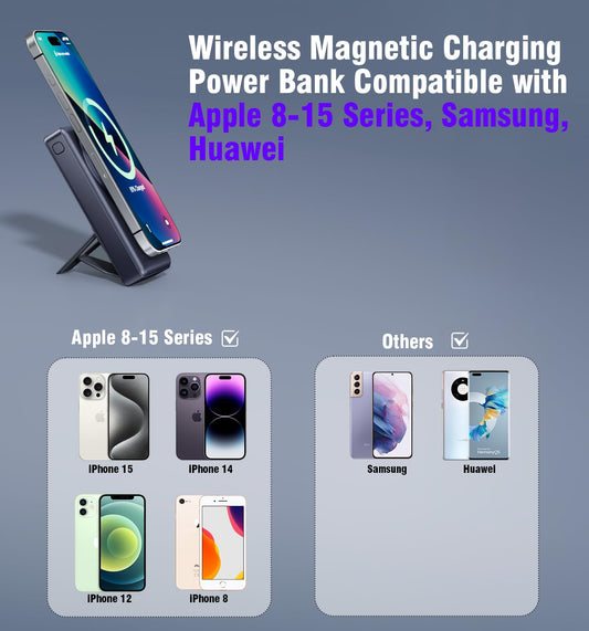 Vunzo Powerbank for iPhone, For Magsafe Mobile Power Bank 12000mAh – PD20W fast charging magnetic power bank with foldable LED display for iPhone 15/14/13/12 Series For Huawei.