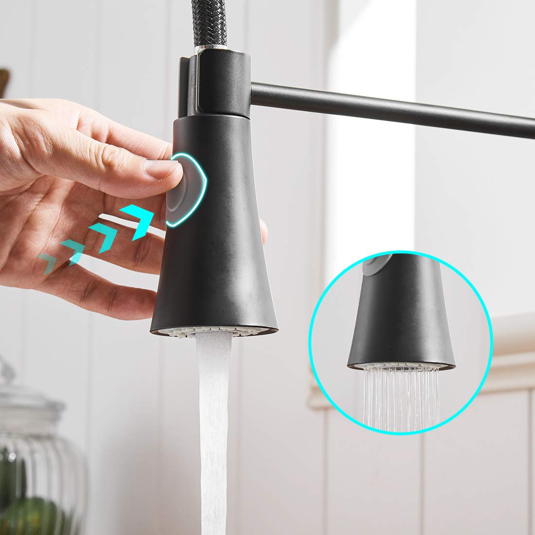 TIMACO black kitchen faucet, high pressure kitchen faucet with pull-out sprayer, sink faucet 360° rotatable mixer tap spiral spring faucet, kitchen faucet with two spray functions, made of copper.