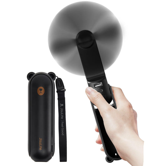 JISULIFE handheld fan Mini fan 3 in 1, with 4500 mAh power bank USB battery small, battery operated max 37 hrs runtime portable fan, flashlight function-black