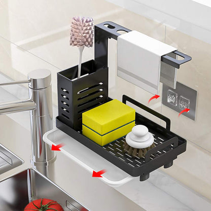 Shunfaji Sink Organizer Stainless Steel Utensil Basket for Kitchen & Bathroom with Drain Pan, Adhesive Countertop Dual-Use Sponge Brush Soap Dish Holder