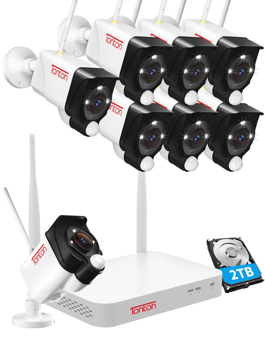 2K WiFi surveillance camera set with two-way audio, 5MP 10CH wireless NVR, 8x3MP wireless outdoor cameras, PIR motion detection, waterproof, spotlight warning, works with Alexa, 2TB storage.
