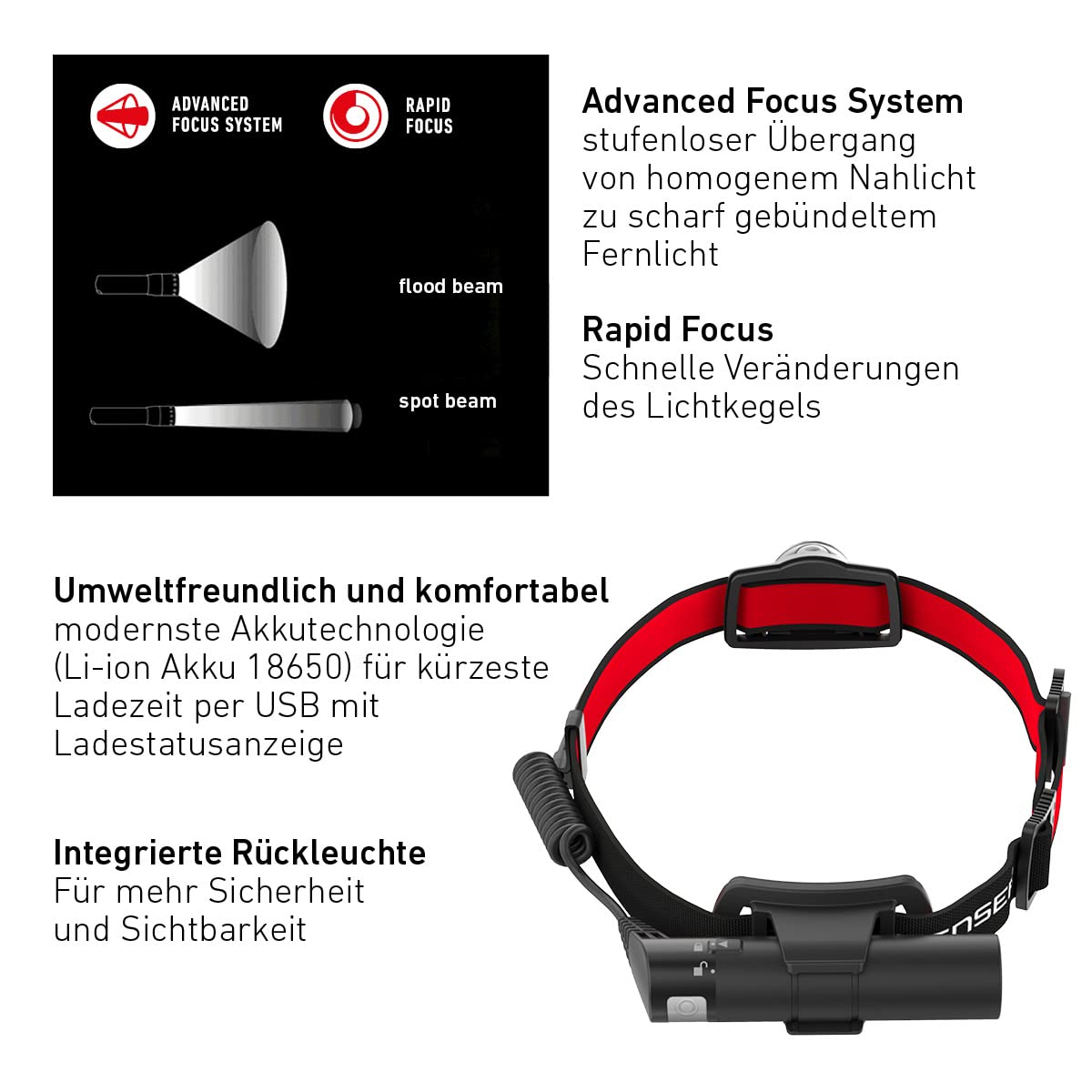 Ledlenser H8R headlamp with rechargeable lithium 18650 battery, 600 lumens, focusable, up to 120h runtime, red taillight, swiveling, USB charging cable.
