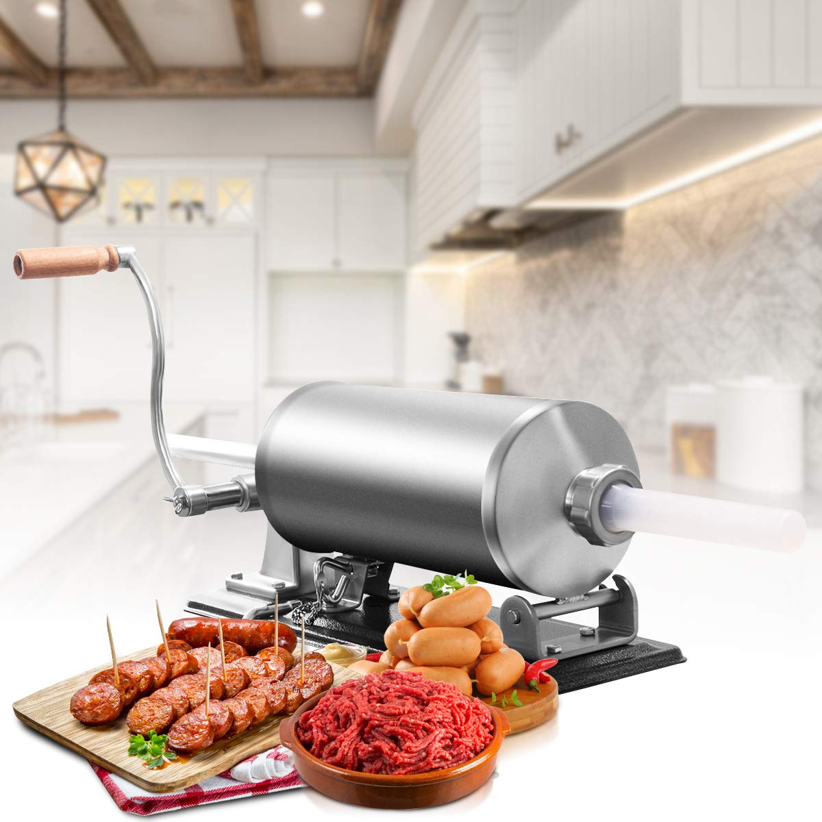 COSTWAY 2.5kg/3kg/4kg manual sausage stuffer, stainless steel sausage machine, sausage filling machine with 4 filling tubes silver, sausage press with table clamp, sausage syringe silver (4KG)