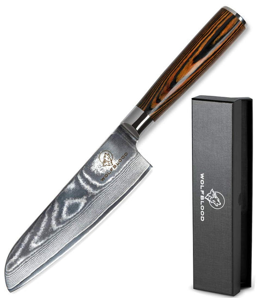 Wolfblood Damascus Santoku Knife L(24cm) Professional chef's knife made from authentic 67 layers Damascus steel I Damascus kitchen knife Santoku knife with wooden handle Gift box and blade guard