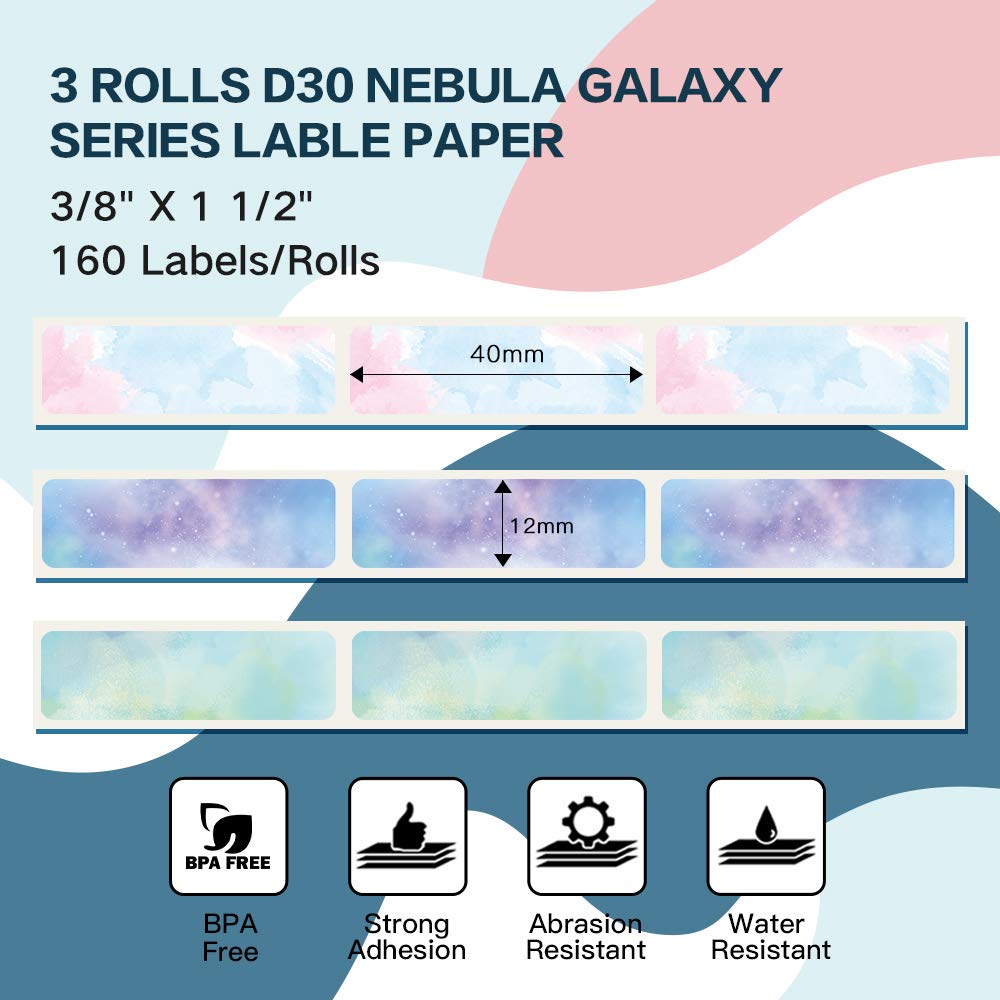 3 rolls of Phomemo self-adhesive thermal labels, 12mm*40mm, compatible with PhomemoD30 label printer, suitable for home, office, school, 160/roll, total of 3 rolls (Starry Sky)