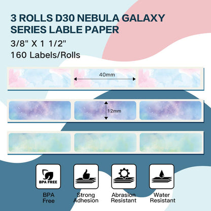 3 rolls of Phomemo self-adhesive thermal labels, 12mm*40mm, compatible with PhomemoD30 label printer, suitable for home, office, school, 160/roll, total of 3 rolls (Starry Sky)