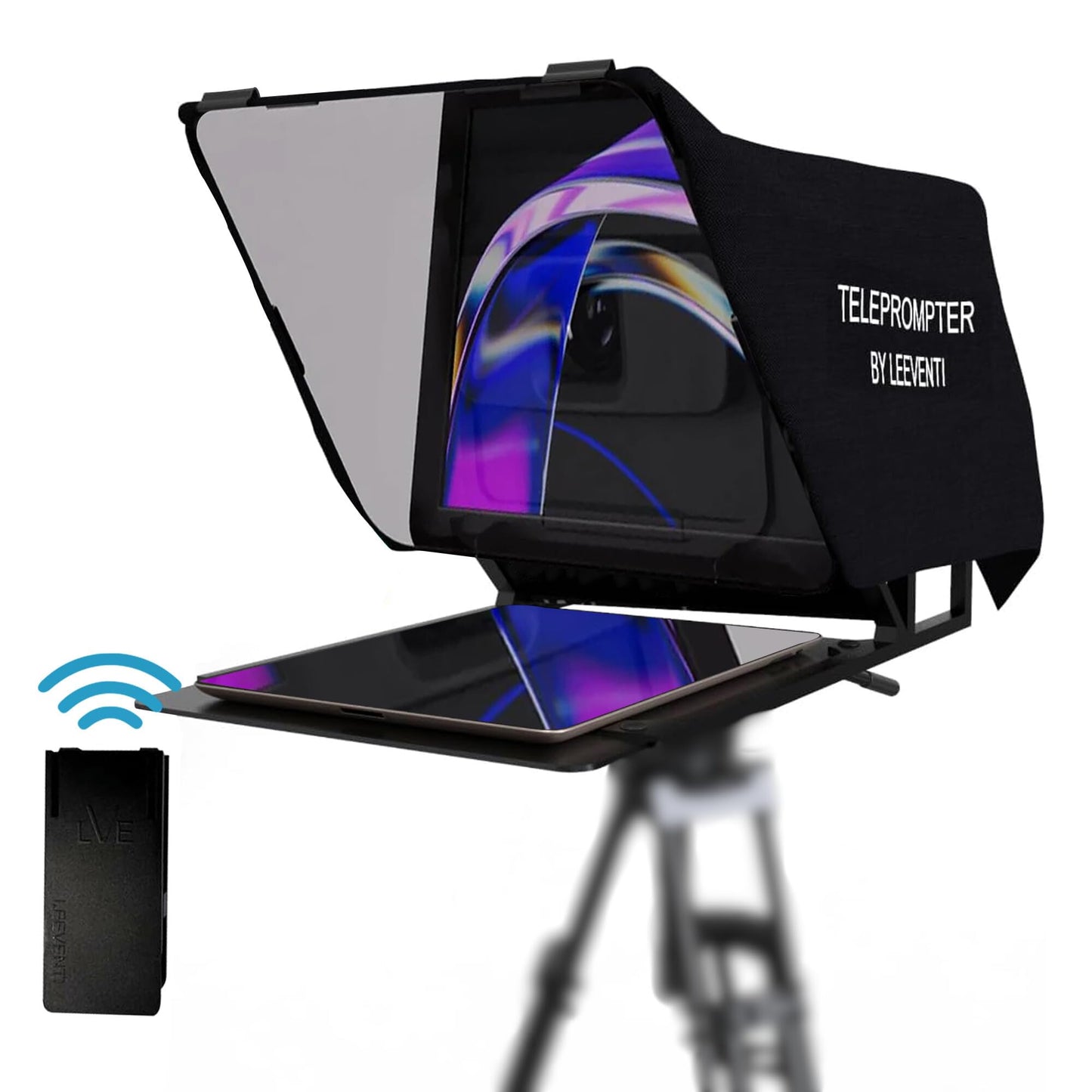 Leeventi Teleprompter compatible with iPad, tablet, smartphone, and DSLR camera. Control via remote or app. Compatible with Android and iOS. Great for video recordings (Version 4.0).