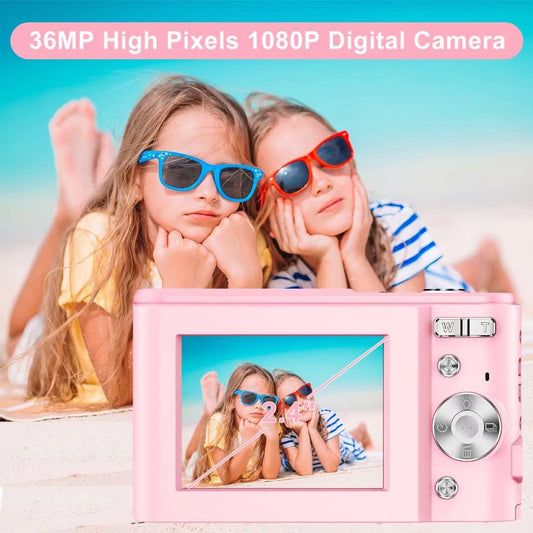 Digital camera 1080P HD compact camera 36 megapixel mini video camera 2.4" LCD digital camera rechargeable photo camera with 16X digital zoom for students/adults/kids/beginners (pink)