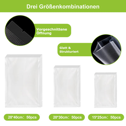 Bonsenkitchen Vacuum Sealer Bags 150 Bags - 15x25 cm (50)+20x30 cm (50)+ 28x40 cm (50), professional grade bags for all vacuum sealers, food vacuum bags, BPA-free, VB3215