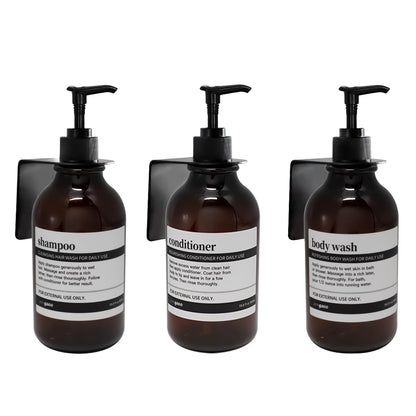 3 pieces Soap Dispenser Wall Mount, 500ml Shampoo Conditioner Body Wash Dispenser with Pump and Waterproof Labels for Kitchen Bathroom (With Stainless Steel Wall Mounts, Amber, No Drilling)