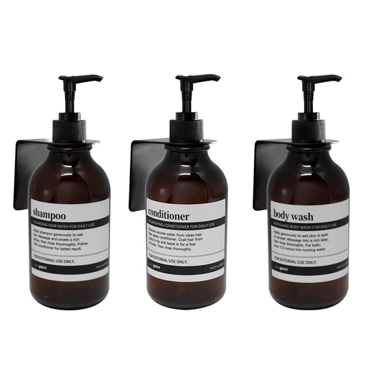 3 pieces Soap Dispenser Wall Mount, 500ml Shampoo Conditioner Body Wash Dispenser with Pump and Waterproof Labels for Kitchen Bathroom (With Stainless Steel Wall Mounts, Amber, No Drilling)
