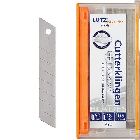 LUTZ BLADES Universal Utility Knife Blades 18mm | 50 pcs. | Carbon Steel Breakaway Blades by LUTZ in Solingen | Sharp Utility Knife Blades | Cutter Replacement Blades for film, wallpaper, leather, and more