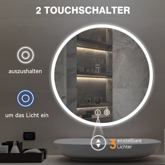 YOLEO Round Bathroom Mirror with Lighting, 60cm round mirror with lighting, bathroom mirror wall mirror with touch switch and explosion-proof glass, 3 color temperatures dimmable, 6500K