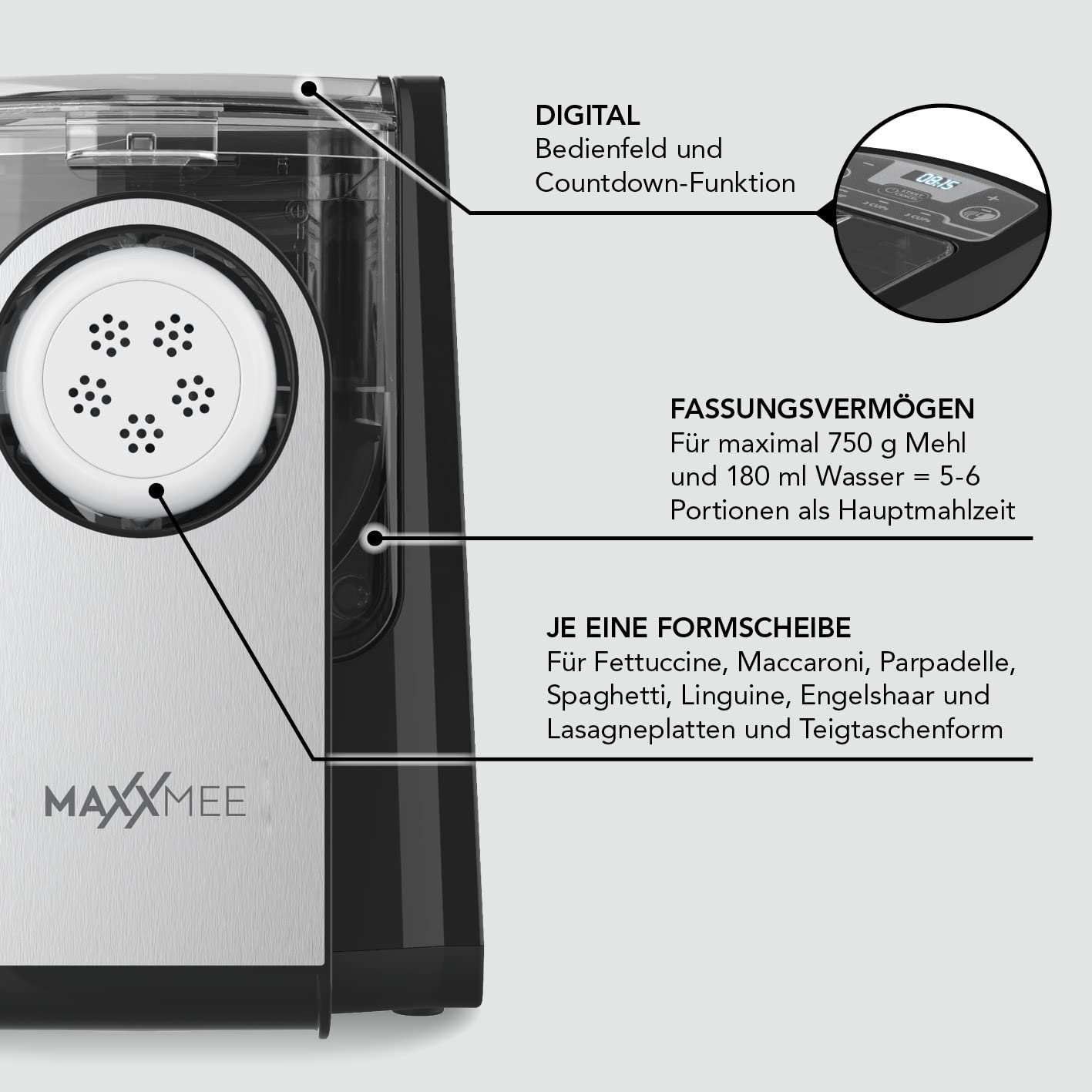 MAXXMEE Pasta Maker with 7 shaping discs for different types of pasta | Easy creation of fresh pasta | Digital control panel and countdown function | 30.7 x 19.8 x 26.3 cm [PP, silicone, PVC]