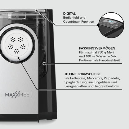 MAXXMEE Pasta Maker with 7 shaping discs for different types of pasta | Easy creation of fresh pasta | Digital control panel and countdown function | 30.7 x 19.8 x 26.3 cm [PP, silicone, PVC]