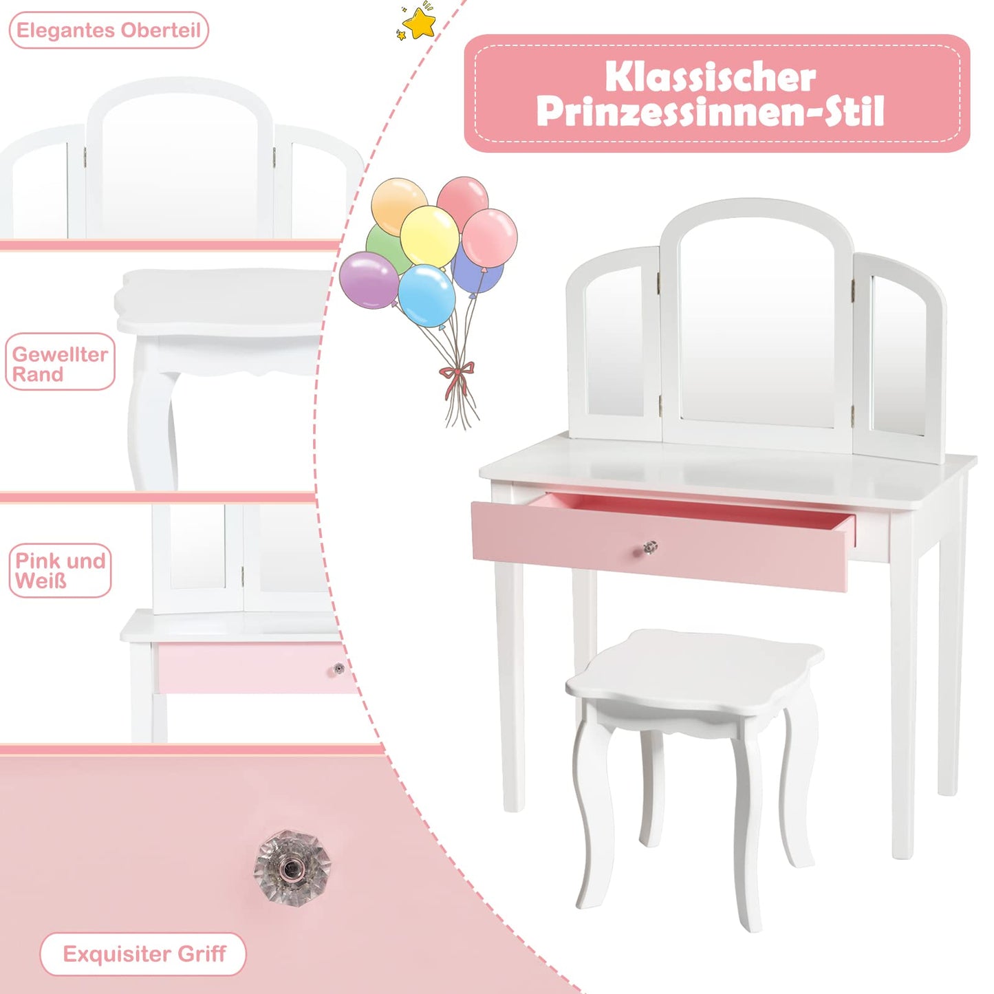 GOPLUS 2 in 1 Kids Vanity Table, Dressing Table & Chair, Makeup Table with Removable 3-Fold Mirror & Drawer, Padded Stool, made of wood, in country style, Children's Vanity Table for Girls (White)