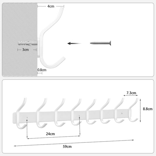 MEIJO Stainless Steel Coat Hooks, Coat Rack with 8 Hooks, Wall Mounted Coat Hanger for Bedroom Bathroom Kitchen (White, 8 Hooks 2 Pieces)