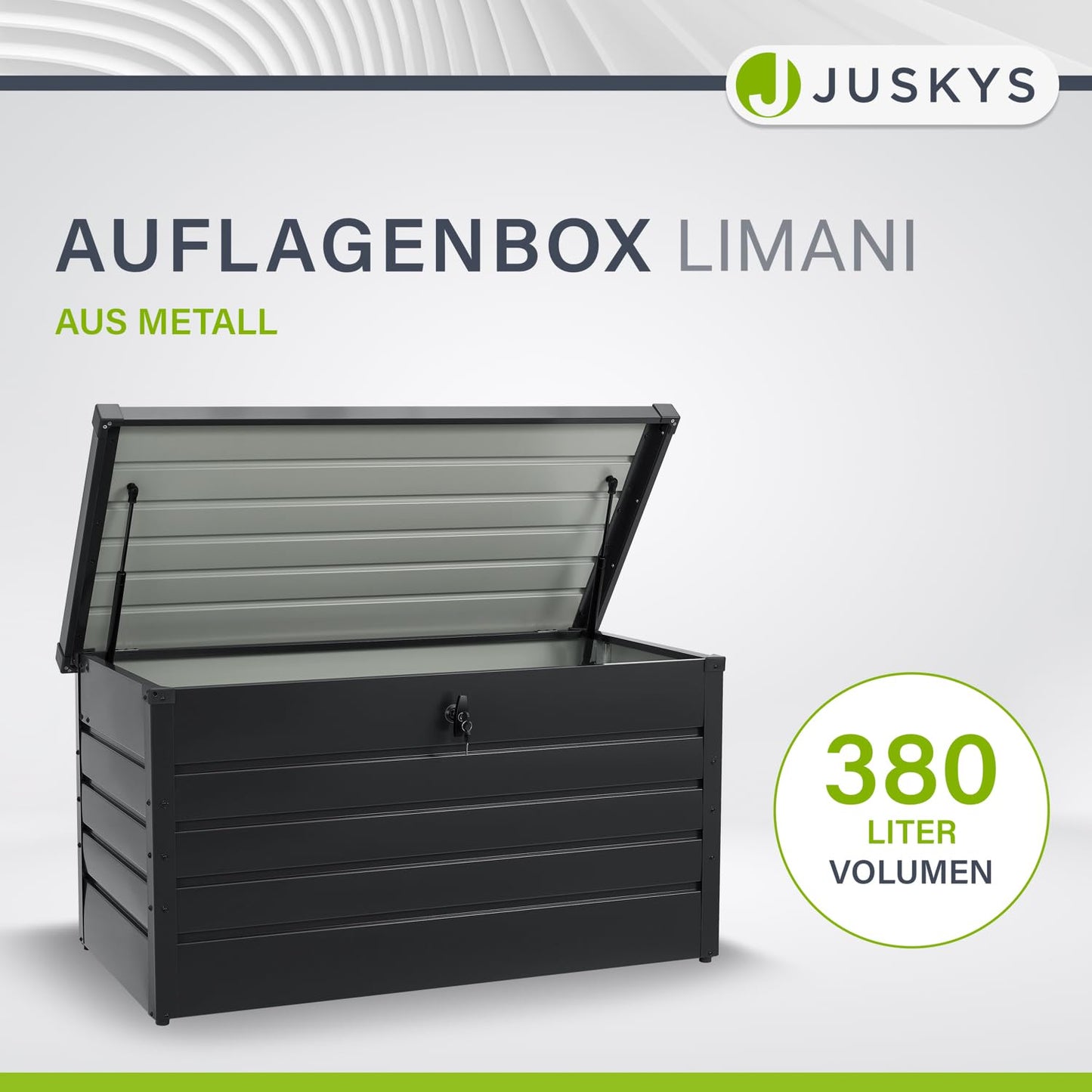 Juskys Metal Storage Box Limani 380 liters - Outdoor Box - waterproof, lockable - Garden Box, Cushion Box, Pillow Box for Garden Anthracite