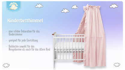 Balbina canopy 100% cotton, decoration set for crib, bed canopy with ruffle & bow, mosquito net for nursery, opaque bed curtain without canopy rod, 240 x 165 cm, powder pink light.