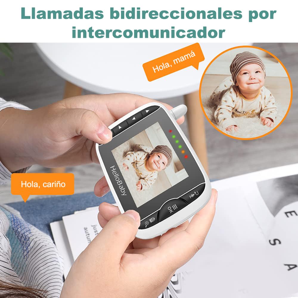 HelloBaby Baby Monitor with Camera, 3.2 inch screen, 355° Pan-120° Tilt-Zoom, Baby monitor without WiFi, 2-way audio, temperature, 8 lullabies, night vision, temperature sensor (Black/White)