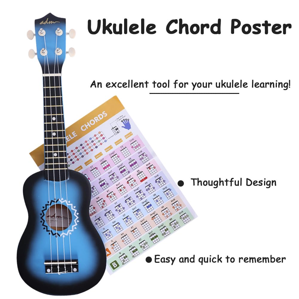 ADM Soprano Ukulele Set for kids and beginners, Ukulele starter kit with bag, tuner, rainbow strings, colorful strap, pick, fretboard stickers, chord chart (Blue)