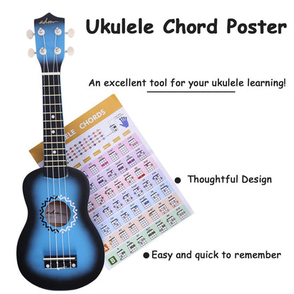 ADM Soprano Ukulele Set for kids and beginners, Ukulele starter kit with bag, tuner, rainbow strings, colorful strap, pick, fretboard stickers, chord chart (Blue)