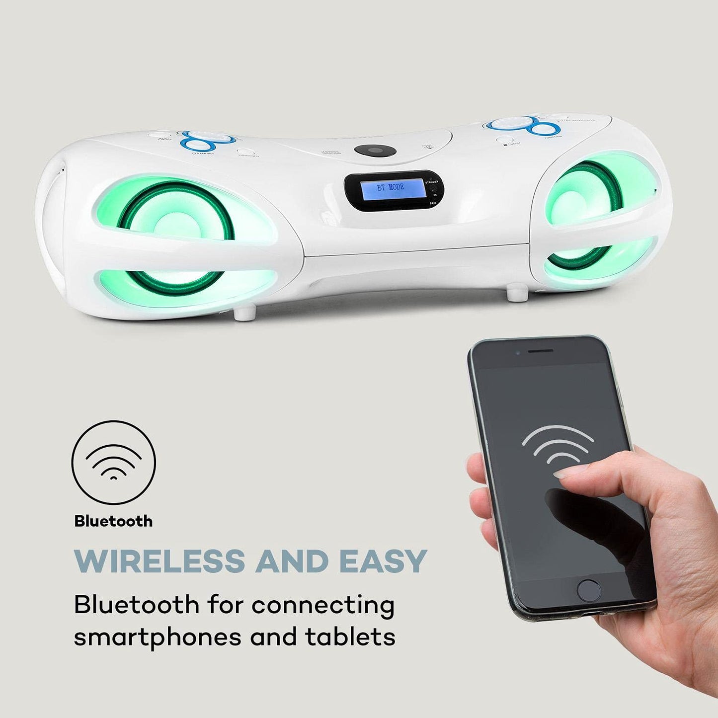 auna Spacewoofer DAB Boombox with CD player - portable speaker, music box, 40 watts, FM radio, DAB+, Bluetooth, USB, AUX IN, LED light effects, can be powered by mains or batteries, includes remote control, white