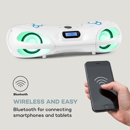 auna Spacewoofer DAB Boombox with CD player - portable speaker, music box, 40 watts, FM radio, DAB+, Bluetooth, USB, AUX IN, LED light effects, can be powered by mains or batteries, includes remote control, white