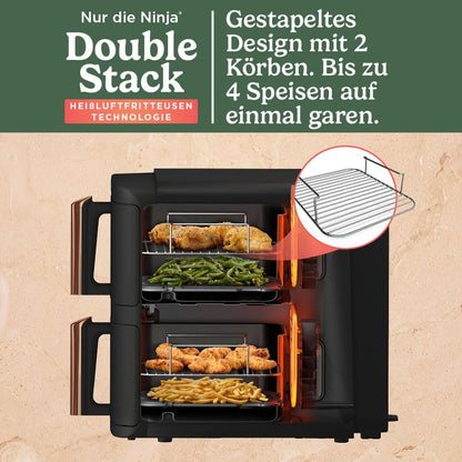 Ninja Double Stack XL Air Fryer, 2 vertical drawers, 4 cooking levels, space-saving design, 9.5L capacity, 6 functions, 8 portions, tongs, Black/Copper SL400EUCP
