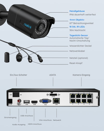 Reolink 4K outdoor surveillance camera set, 8CH video surveillance with 4X 8MP PoE IP camera and 2TB HDD NVR for 24/7 recording indoor outdoor, person detection and vehicle detection, RLK8-800B4 Black