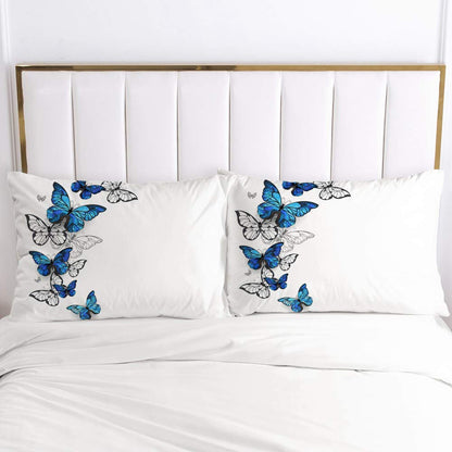 Luowei Butterfly bedding set 155x220cm Blue White Butterfly pattern duvet cover set Microfiber reversible bedding with zipper closure and 2 pillowcases 80 x 80 cm