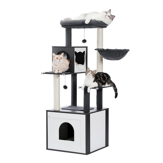 PAWZ Road Modern Cat Tree Wood Cat Tower with Storage Cabinet Cat Litter Enclosure and spacious Cat House Large top perch and hammock Black