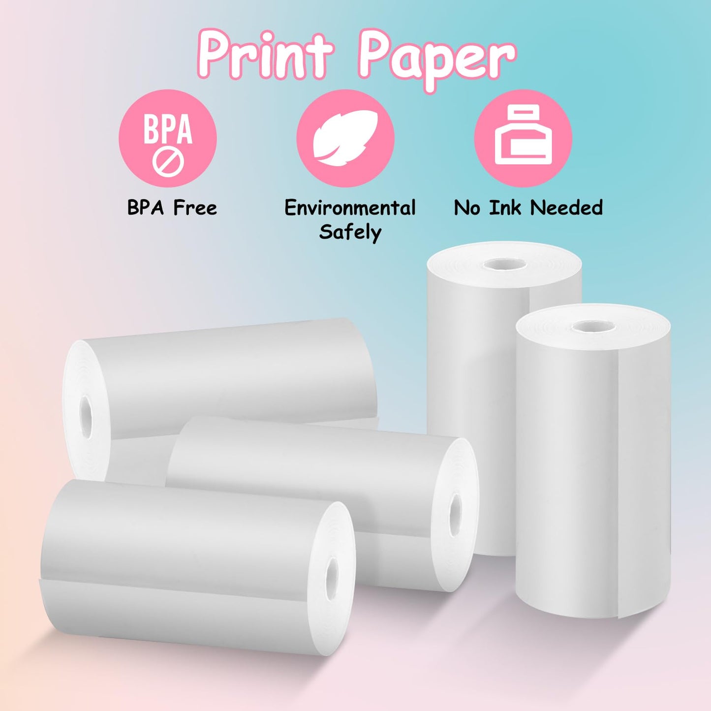 5 rolls of printing paper for kids camera, GREENKIDS instant print thermal paper, refill paper for kids camera, instant camera accessory (length: 2.16inch & width: 1.1inch)