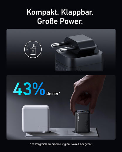 100W USB-C charger, Anker Prime GaN power adapter, 3-port PPS fast charger, compact foldable design, compatible with MacBook Pro/Air, Pixelbook, iPad Pro, iPhone 15/Pro, Galaxy S23, Note20, and more.