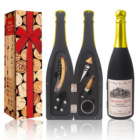 ZBPASL Wine Bottle Shaped Corkscrew Set, Wine Opener, Wine Sommelier Sets with Bottle Opener, Wine Stoppers, Wine Accessories Gift Set (Black 01)