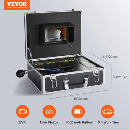 VEVOR 7" Professional Pipe Camera 20m Industrial Inspection Camera 1000TVL Endoscope Drain Camera 16GB SD Card IP68 Waterproof 480P Color Monitor DVR 4500mAh Lithium Battery 6 Hours Continuous Operation with Carrying Case.