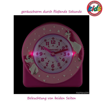 JACQUES FAREL children's alarm clock learning clock girls 3D unicorn pink rose analog quartz without ticking with light and snooze alarm ACW 50