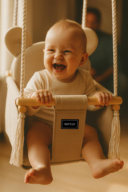 NATILU® Baby Swing Set Indoor Outdoor | Bear Light Beige Velvet | Baby Swing | Baby swing Indoor | Wooden Kids Swing | Wooden Swing for Children | Swings for door frames