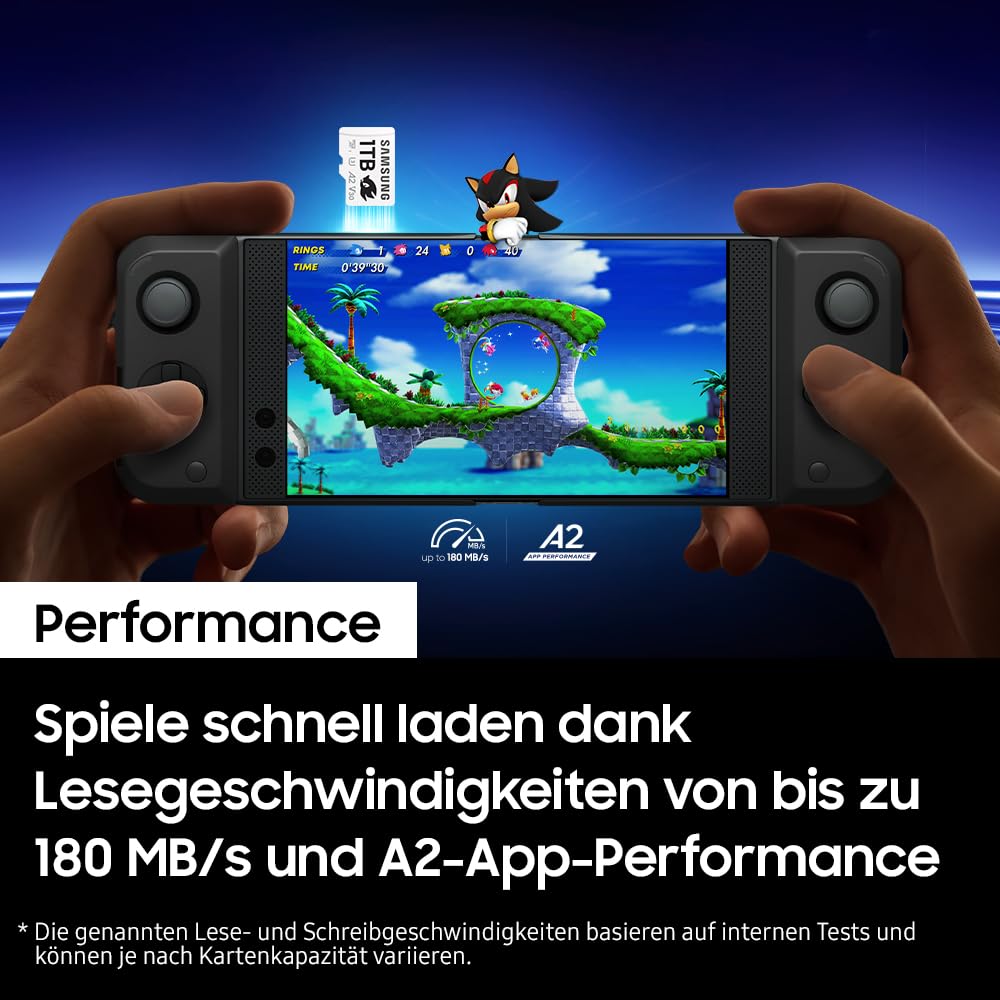 Samsung Sonic the Hedgehog(TM) microSD card + SD adapter, 512GB storage, UHS-I U3, Full HD & 4K UHD, 180MB/s read, 130MB/s write, data storage for handheld consoles, MB-MD512SA/LC1