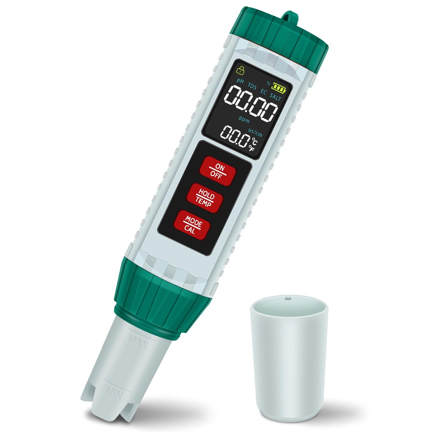 PlayDen PH Meter Water, PH/TDS/EC/Salinity/Thermometer 5 in 1 pH Value Meter with LCD Display, Automatic Temperature Compensation pH Pool Tester, High Precision Drinking Water Tester