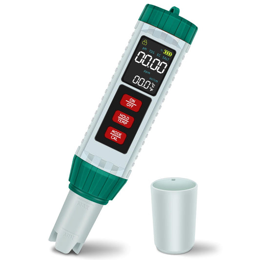 PlayDen PH Meter Water, PH/TDS/EC/Salinity/Thermometer 5 in 1 pH Value Meter with LCD Display, Automatic Temperature Compensation pH Pool Tester, High Precision Drinking Water Tester