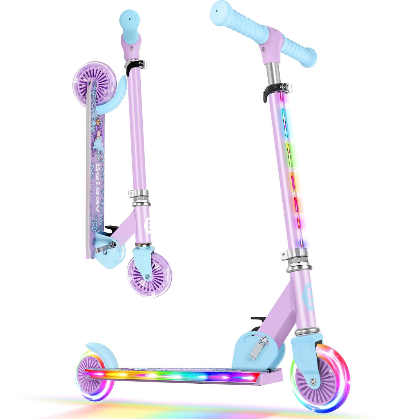 BELEEV V2 Kids Scooter, 6 years old, upgraded with LED light-up wheels, handlebar and deck, adjustable height, rear brake, foldable for kids 4 years old girls boys, for 3-12 years old.