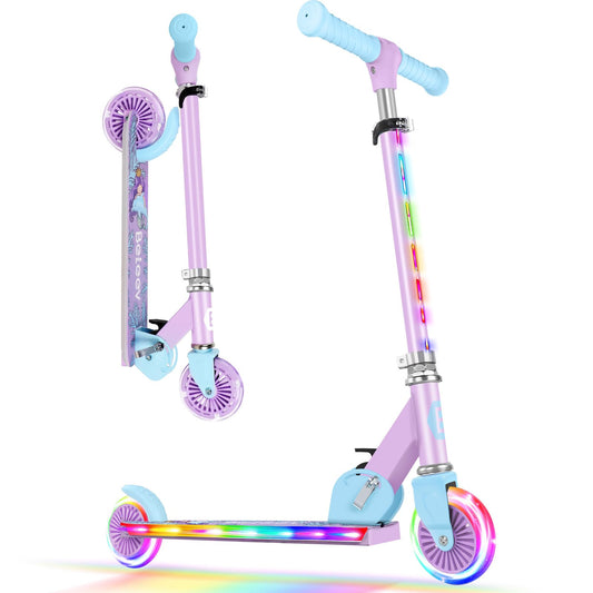 BELEEV V2 Kids Scooter, 6 years old, upgraded with LED light-up wheels, handlebar and deck, adjustable height, rear brake, foldable for kids 4 years old girls boys, for 3-12 years old.