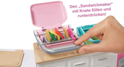 Barbie Ultimate Kitchen with 20 accessories, cooking and baking with light and sound effects, 5 dough colors, includes doll, perfect gift for kids, toy for ages 3 and up, GWY53.