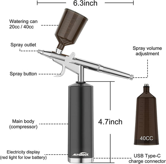 Autolock Airbrush Set 32PSI Compressor Portable Airbrush Kit and rechargeable manual Airbrush Set for makeup, cake decoration, coloring patterns, nail art, tattoo-2 Cup
