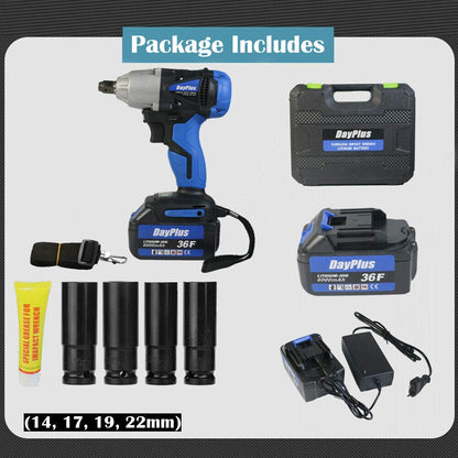 Autofather 18V Cordless Impact Wrench 420Nm torque, 2900rpm, 1/2" anvil; 6000mAh battery, fast charger, 4 sockets (17/19/20/22 mm), belt clip, and carrying case included.