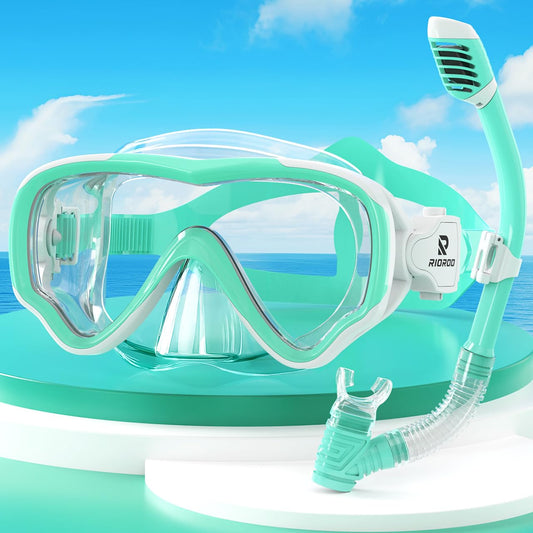 RIOROO Kids Diving Mask and Snorkel Set with leak-proof and fog-resistant design. 180° panoramic HD view with nose cover. Suitable for boys and girls aged 4-14.