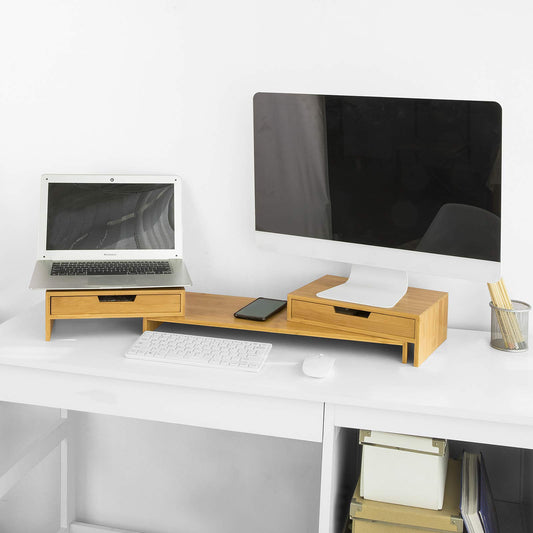 SoBuy BBF04-N Design Monitor Stand for 2 Monitors, Screen Stand Notebook Stand Desk Attachment with 2 Drawers, Width Adjustable Bamboo, Dimensions: 60-108x11x22cm