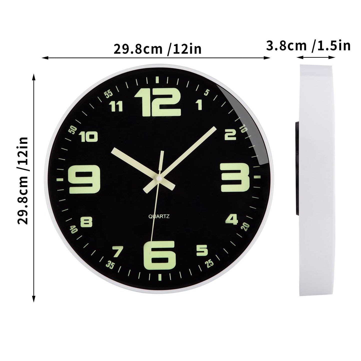 VIVILINEN luminous wall clock with large numbers, no ticking noise, quartz round clock, battery-operated, silent hanging clock for kitchen, home, office, living room, bedroom 12 inch